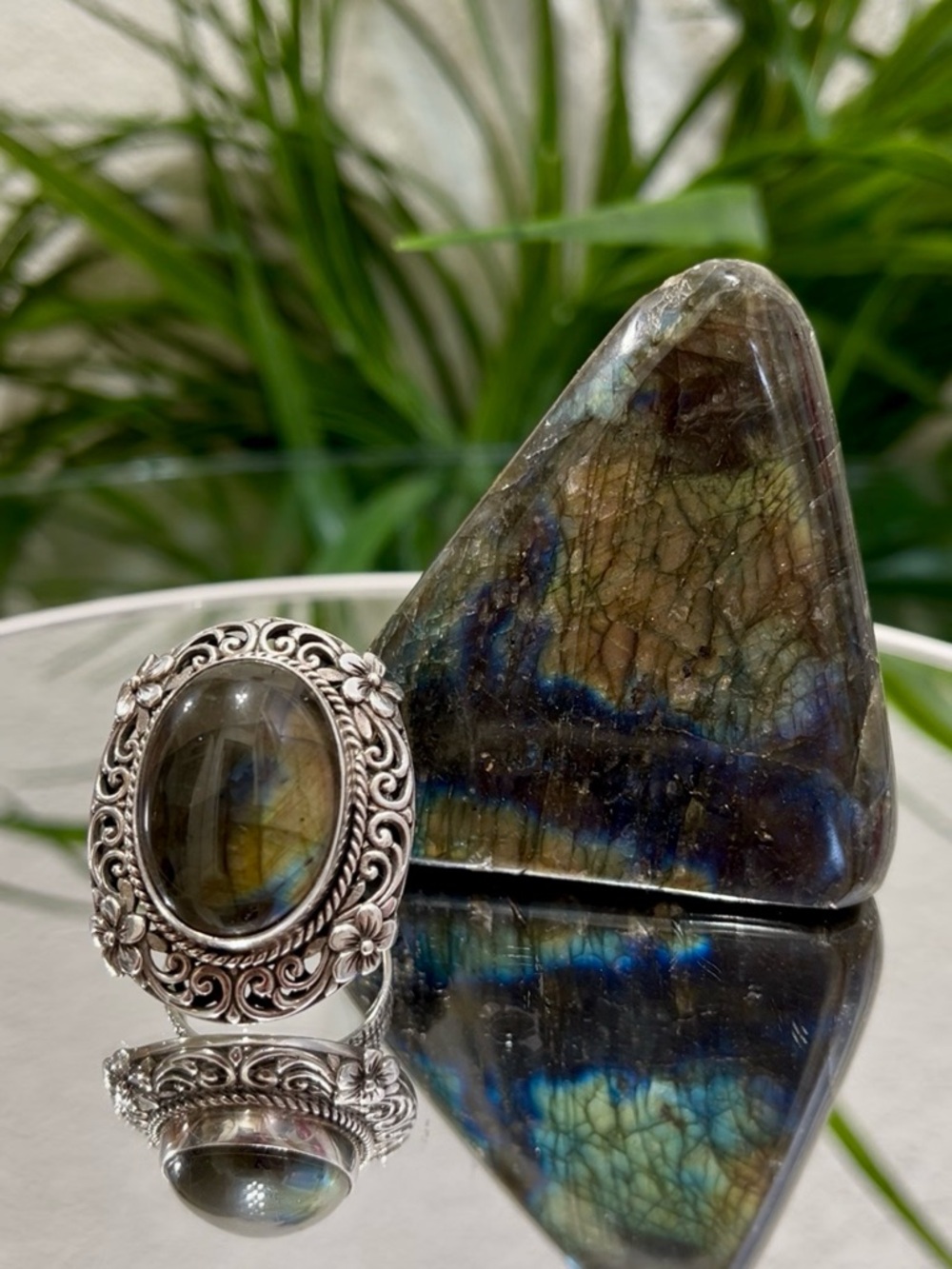 LARGE 25 Carat Malagasy Labradorite Solitaire Ring in Sterling Silver  Size 11